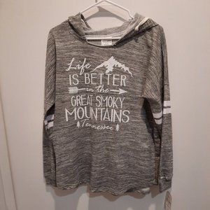 Exist Woman’s NWT Lightweight Gray/white Hooded Sweatshirt Large Smoky Mountains